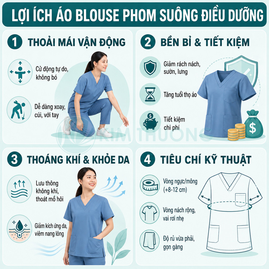 Áo blouse phom suông điều dưỡng màu xanh, chất liệu thoáng khí, dễ vận động, bền và tiết kiệm chi phí